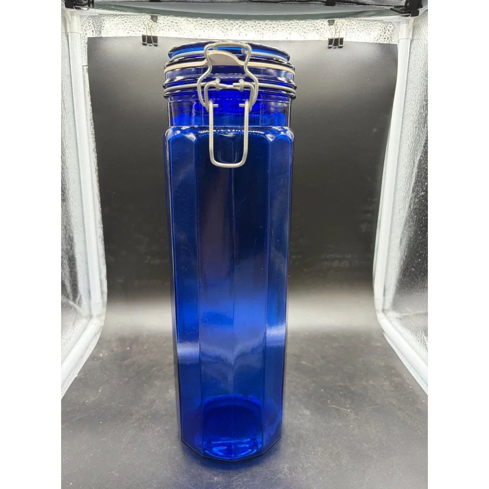 Vintage Cobalt Blue Glass Canister Octagonal Faceted Jar Wire Bale Swing Top Lid